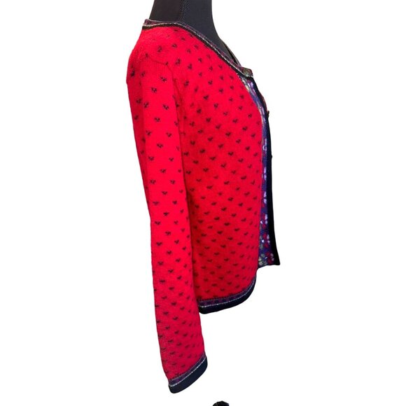 Vintage Tally H0 100% Boiled Wool Button Chunky Knit Cardigan Sweater Red Floral - Picture 3 of 12